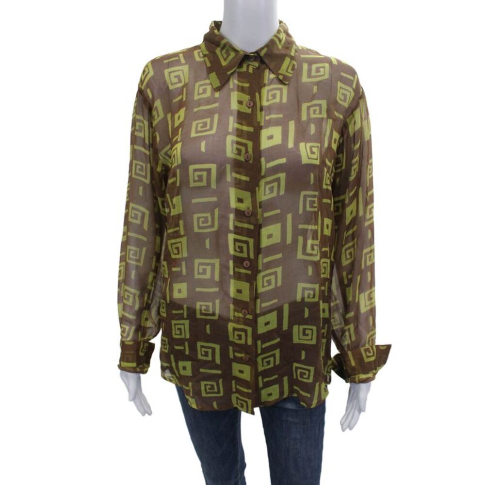 Chanon Women Collared Geometric Silk Blouse Long Sleeve Brown 90s Size M